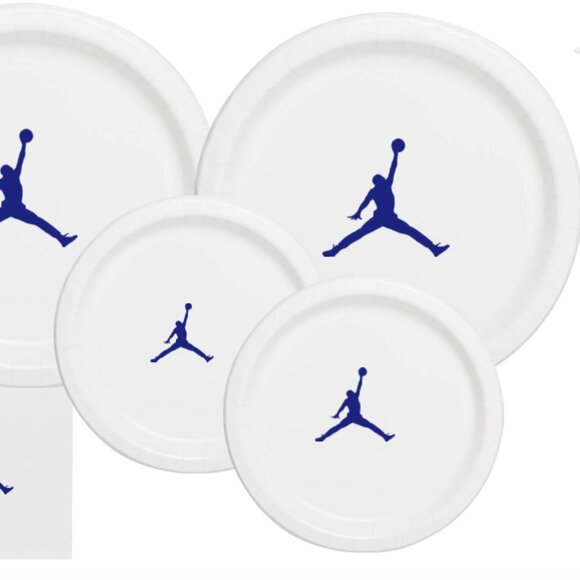Jumpman Plates | White & Blue Basketball Party Paper Plates | 60 Disposable - Picture 4 of 5